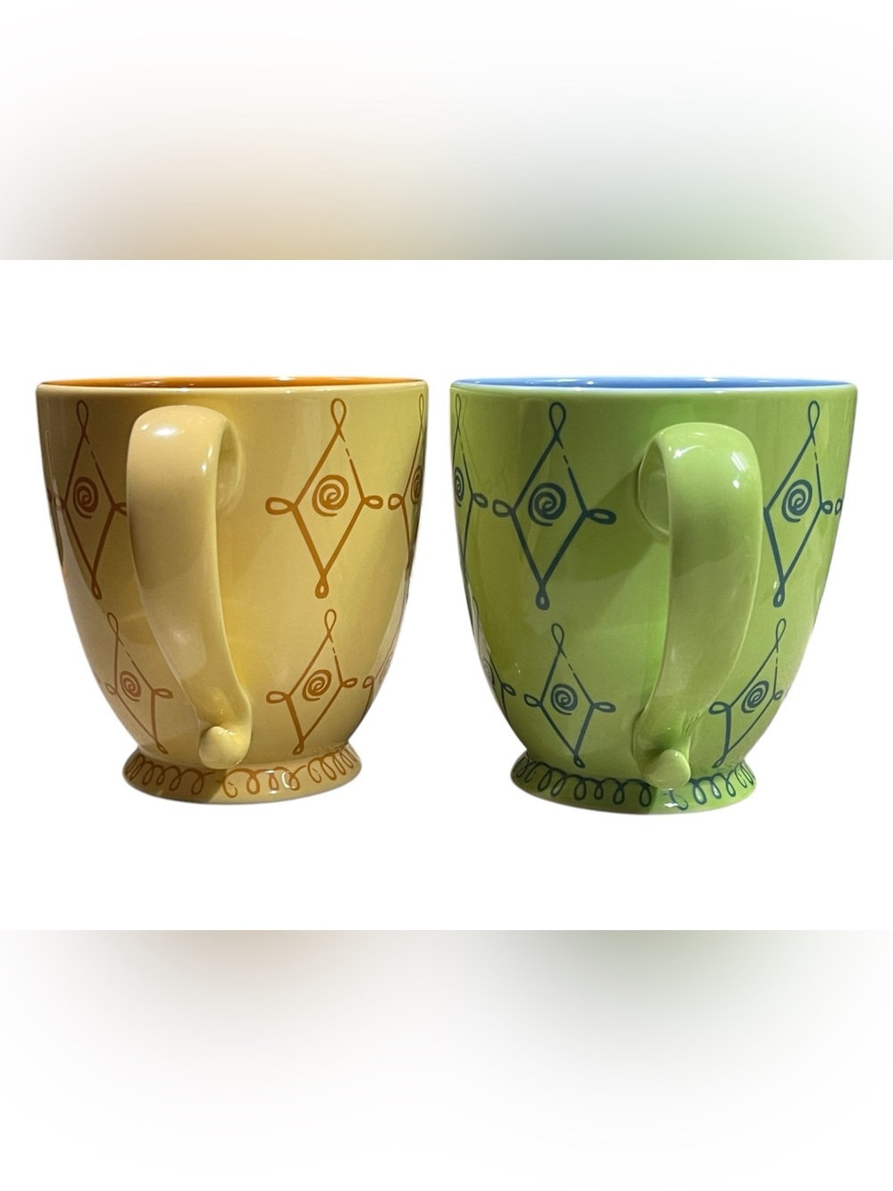 Vintage Starbucks 2004 Green + Blue/ Yellow + Orange Pedestal Diamond Swirl Mugs
